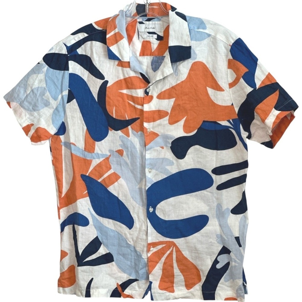 Porter & Ash Mens 100% Linen Shirt Abstract Blue Orange Summer Vacation Resort M